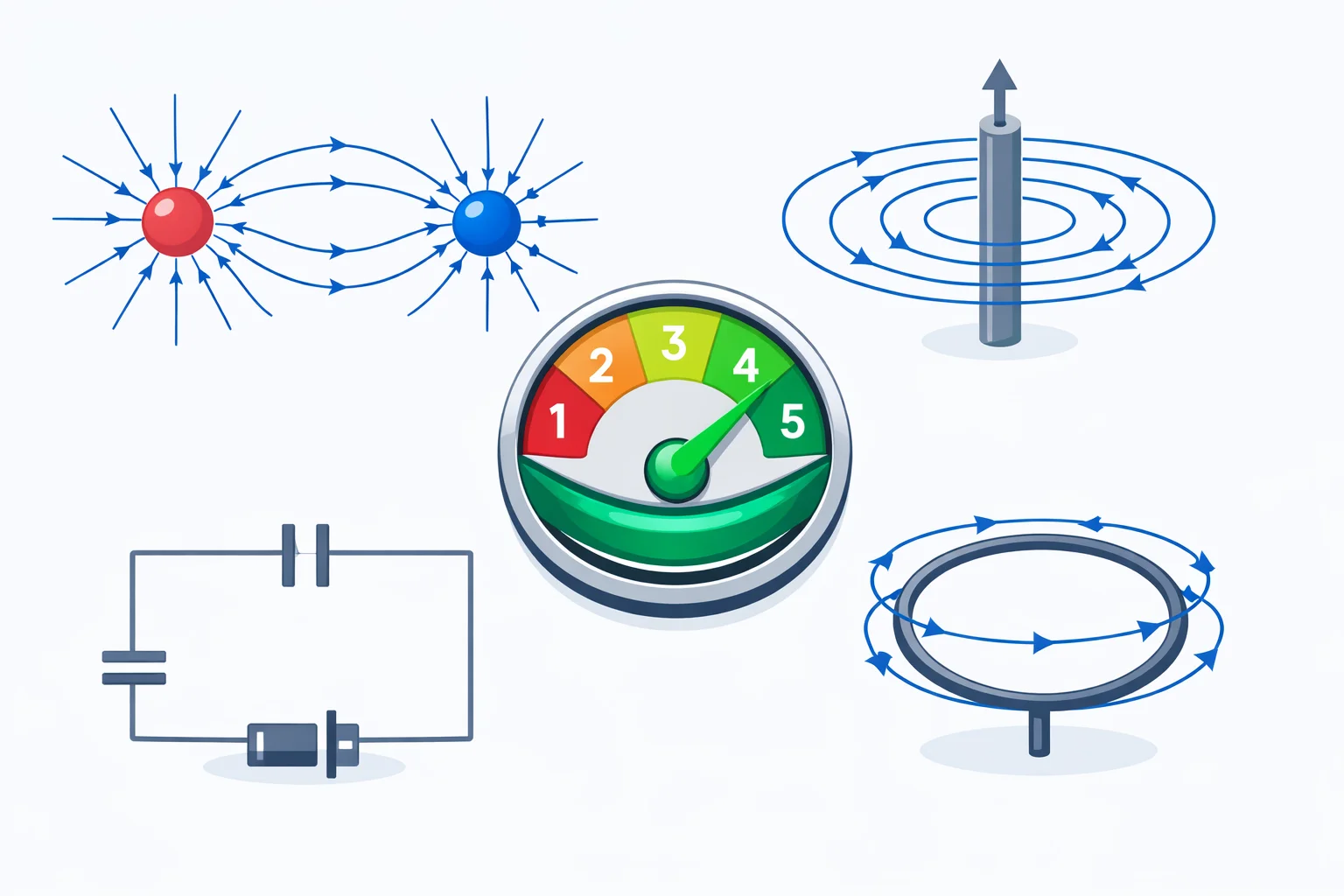 AP Physics C E&M score conversion diagram showing electric field lines radiating from charges, magnetic loops around conductors, and capacitor circuits with a 1-5 AP grade scale