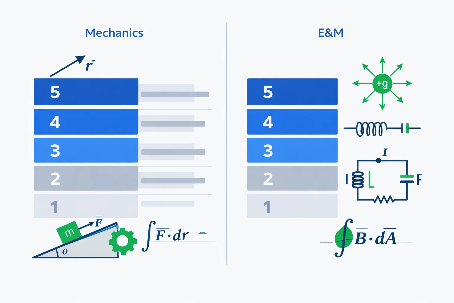 AP Physics C score conversion chart showing dual scoring panels for Mechanics and E&M with grade bands 1-5 and calculus-based physics formulas